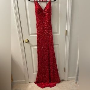 SCALA red sequence dress, open back, small train